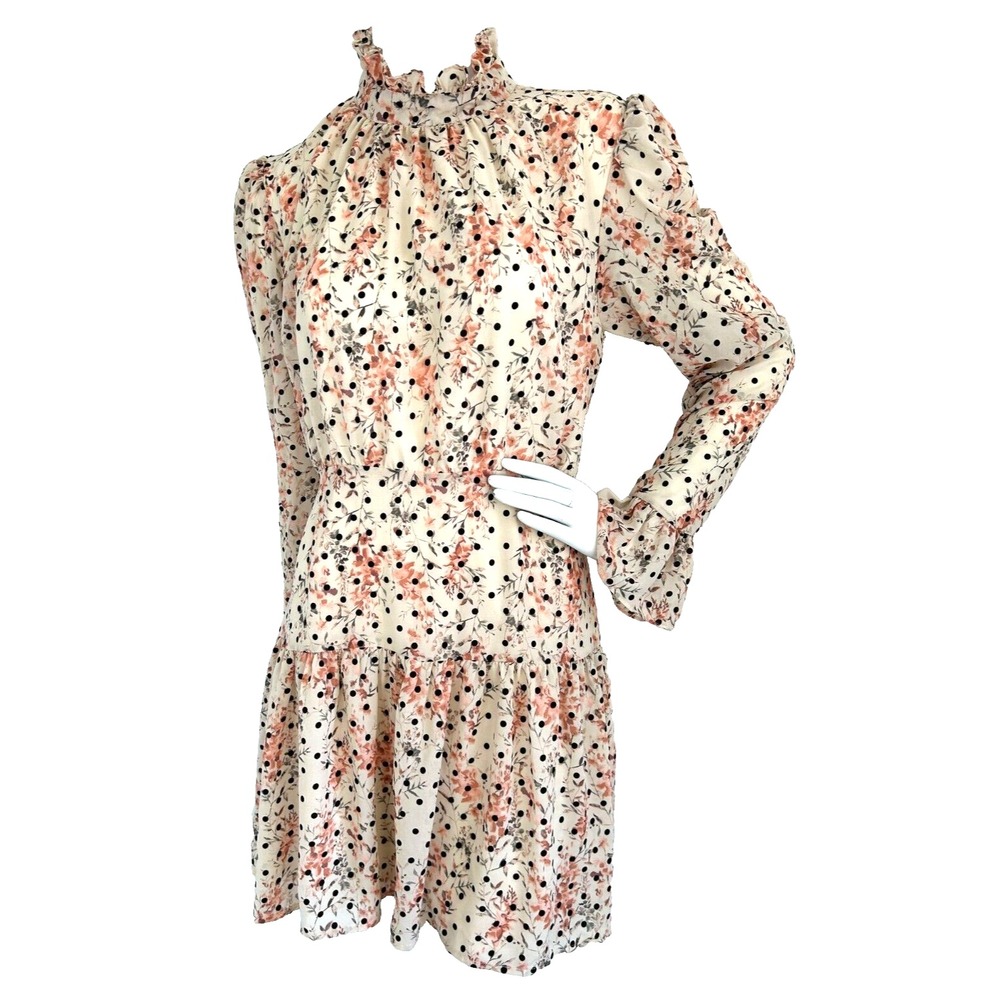 Nasty Gal Collection Floral Polka Dot Ruffle Mock Neck Mini Dress 8 Coquette EUC